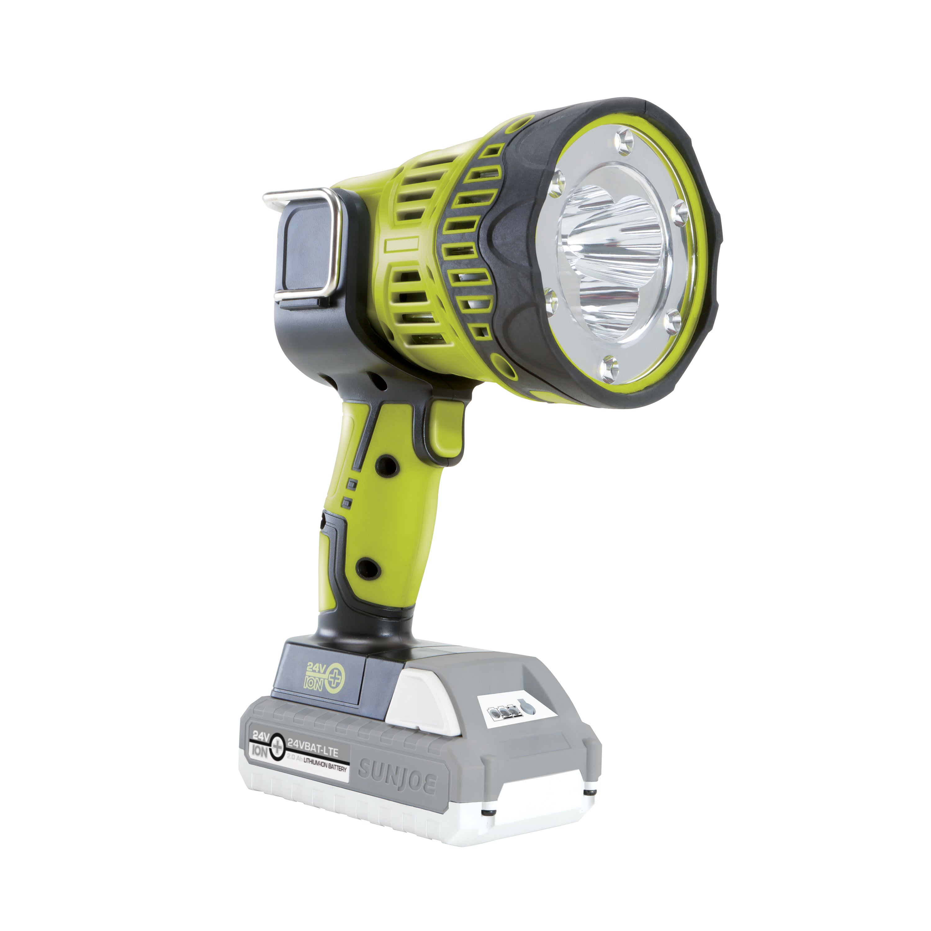 Angled view of the Sun Joe 24-Volt Cordless Flashlight/Flood Light/Spotlight.