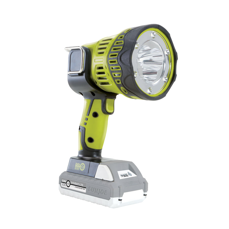 Angled view of the Sun Joe 24-Volt Cordless Flashlight/Flood Light/Spotlight.