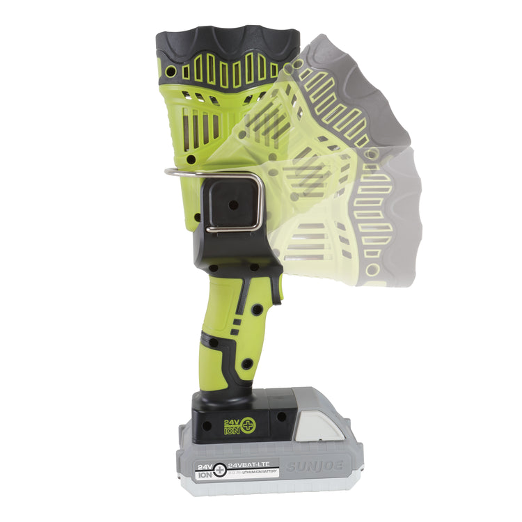 Sun Joe 24-Volt Cordless Flashlight with motion blur showing the 90 degree pivot head.