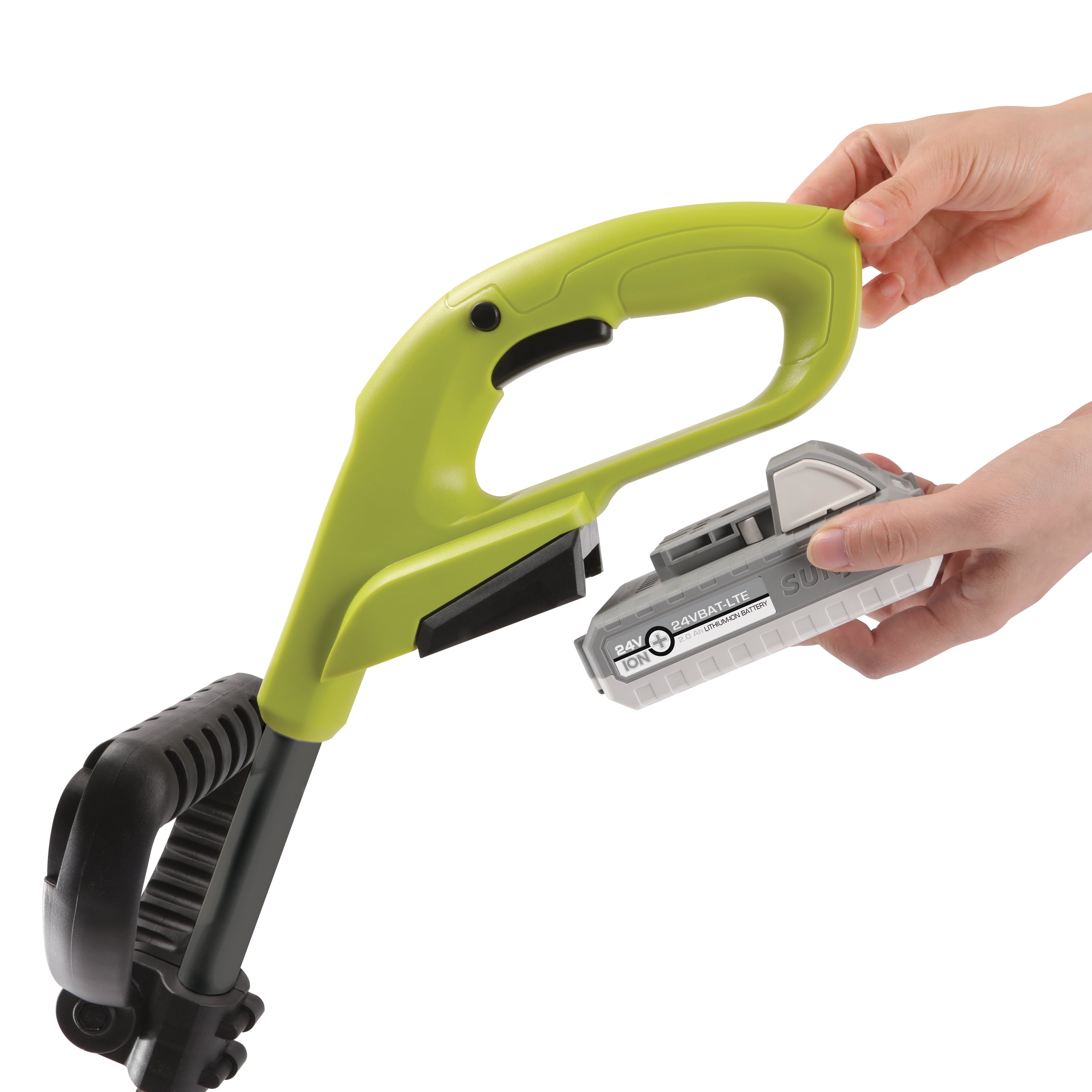 Person putting a 2.0-Ah battery onto the Sun Joe 24-volt cordless stringless 10-inch grass trimmer kit.