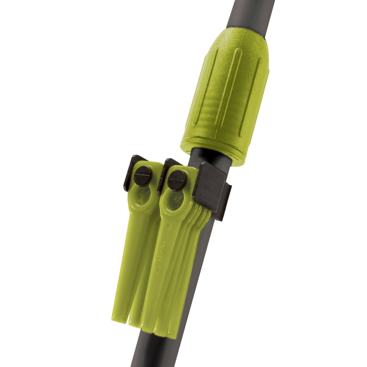 Close up of the blade holder on the shaft of the Sun Joe 24-volt cordless stringless 10-inch grass trimmer kit.