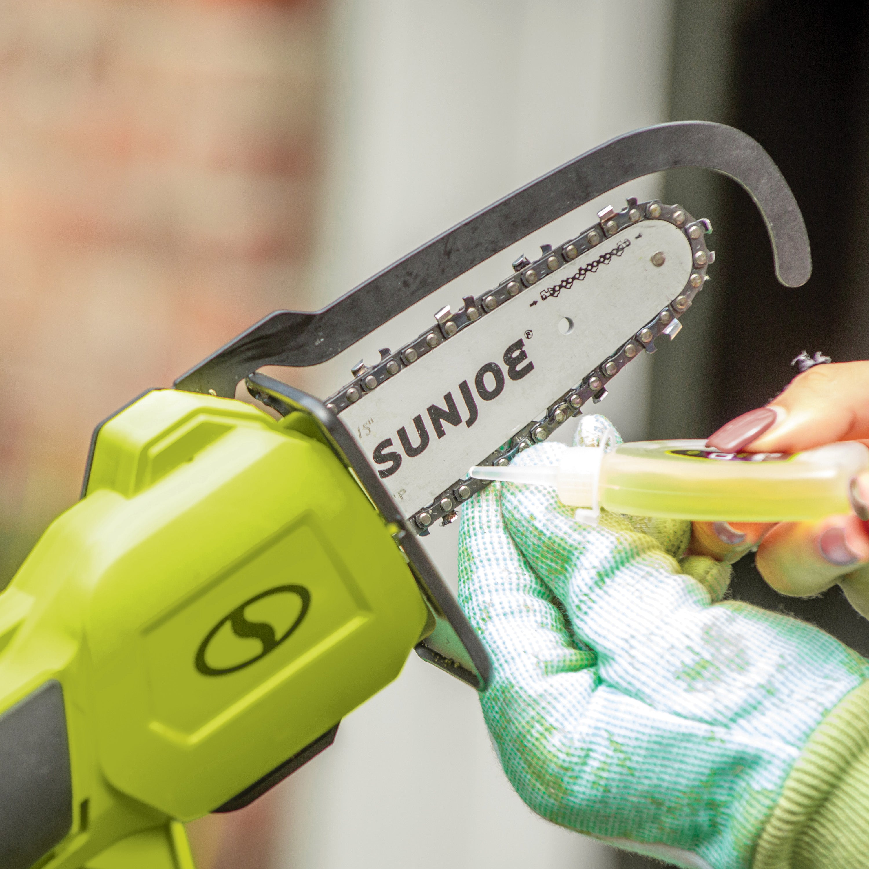 Oil being applied to Sun Joe Cordless Hand Chainsaw
