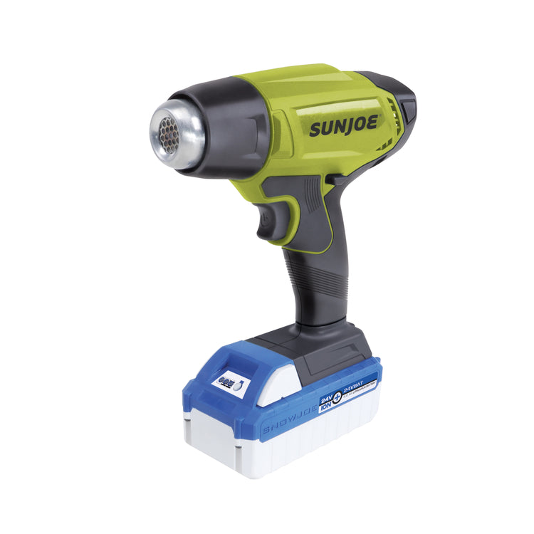 Sun Joe 24-volt cordless Heat Gun with a 4.0-Ah lithium-ion battery attached.