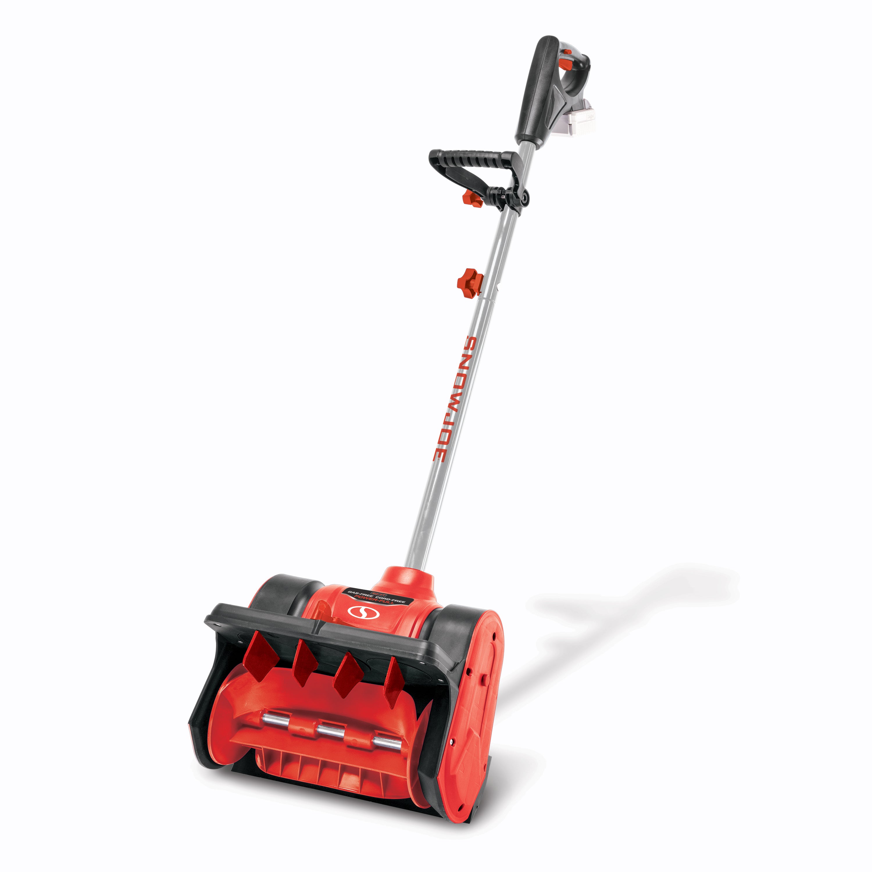 Angled view of the Snow Joe 24-volt cordless 12-inch snow shovel kit in red with a 5.0-Ah lithium-ion battery attached.
