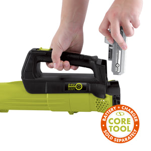 Person putting a Snow Joe 24-Volt lithium iON+ 2.0-Ah Battery onto the back of the Sun Joe Leaf Blower. This is a core tool only.
