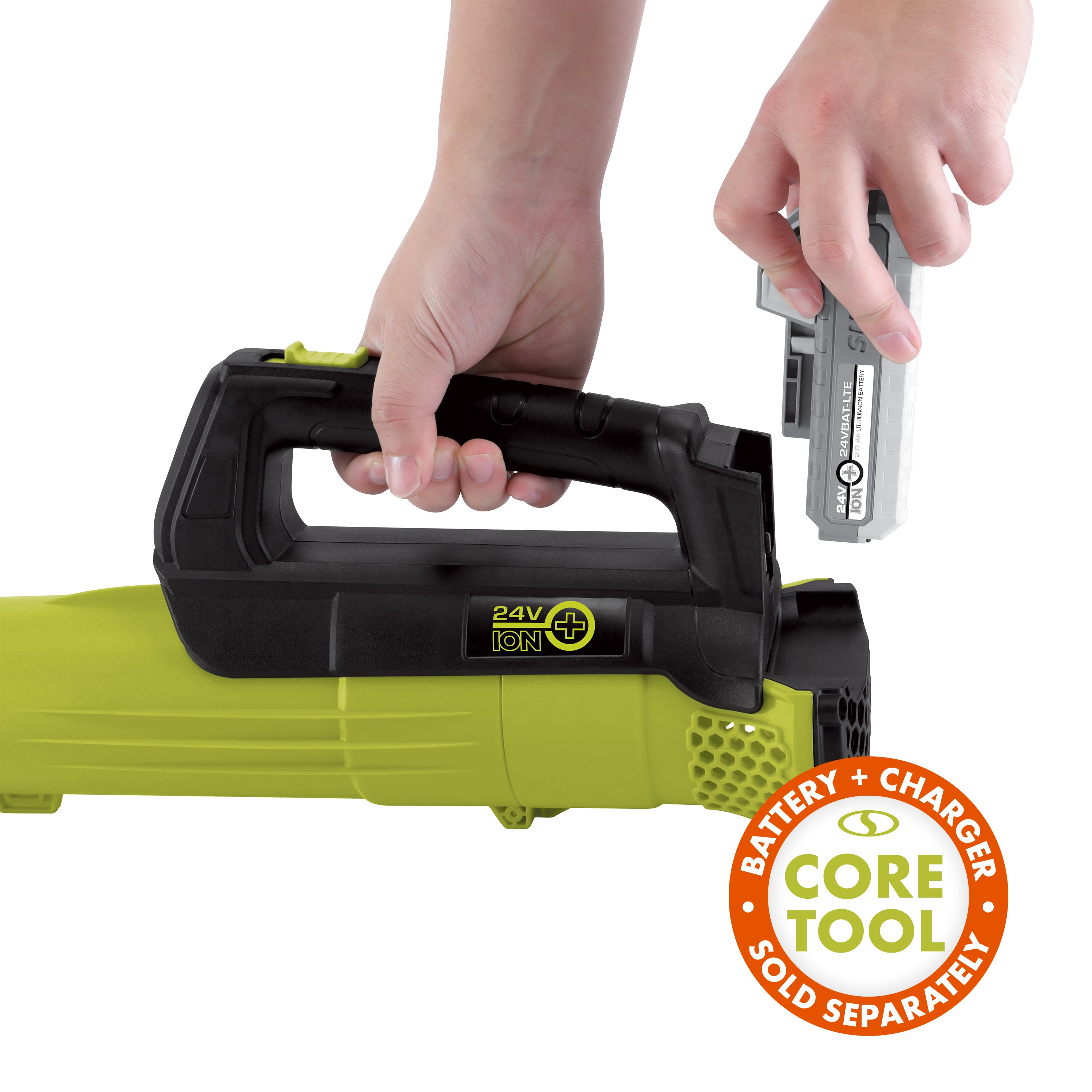 Person putting a Snow Joe 24-Volt lithium iON+ 2.0-Ah Battery onto the back of the Sun Joe Leaf Blower. This is a core tool only.
