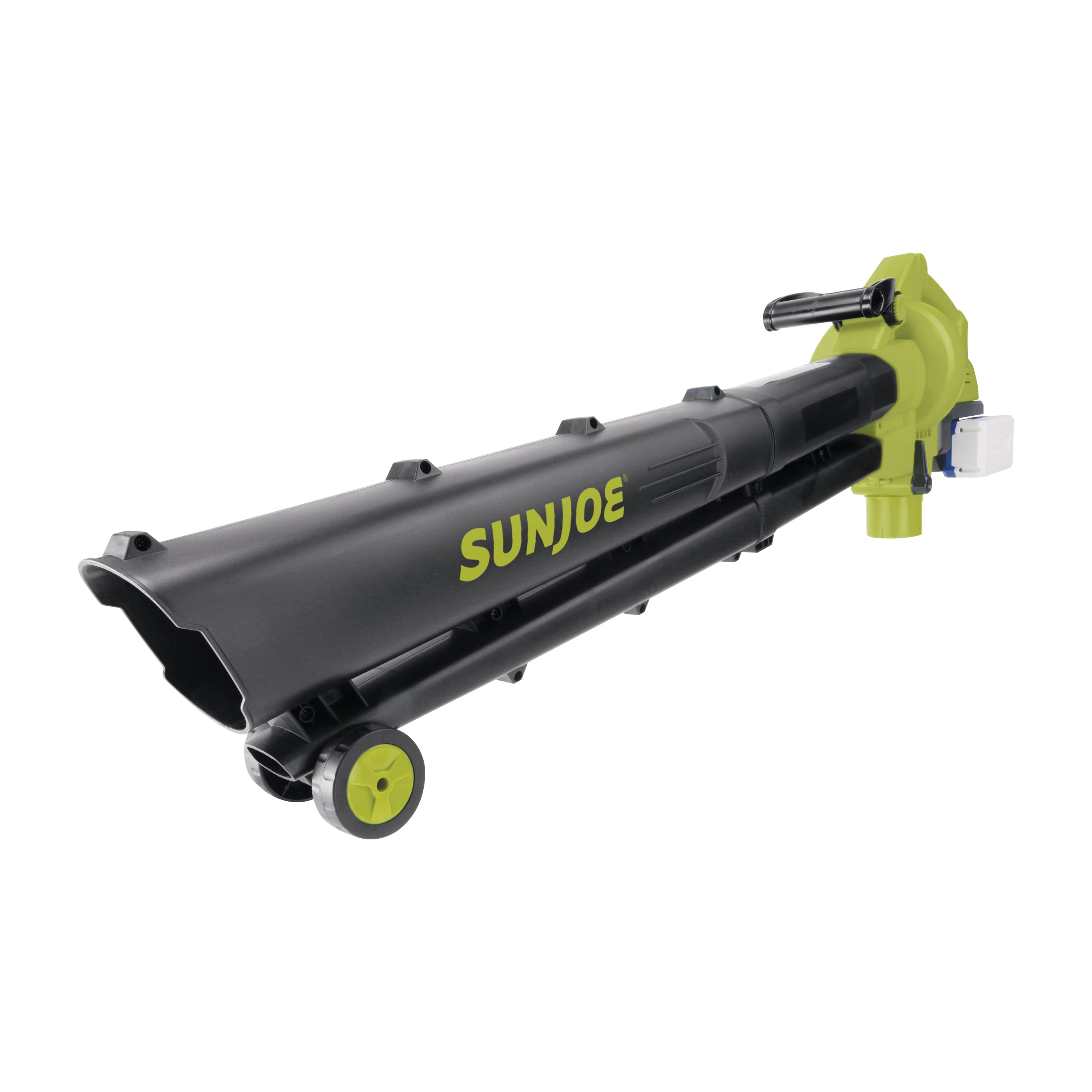 Angled view of the Sun Joe 48-volt cordless leaf blower, vacuum, mulcher with wheels.