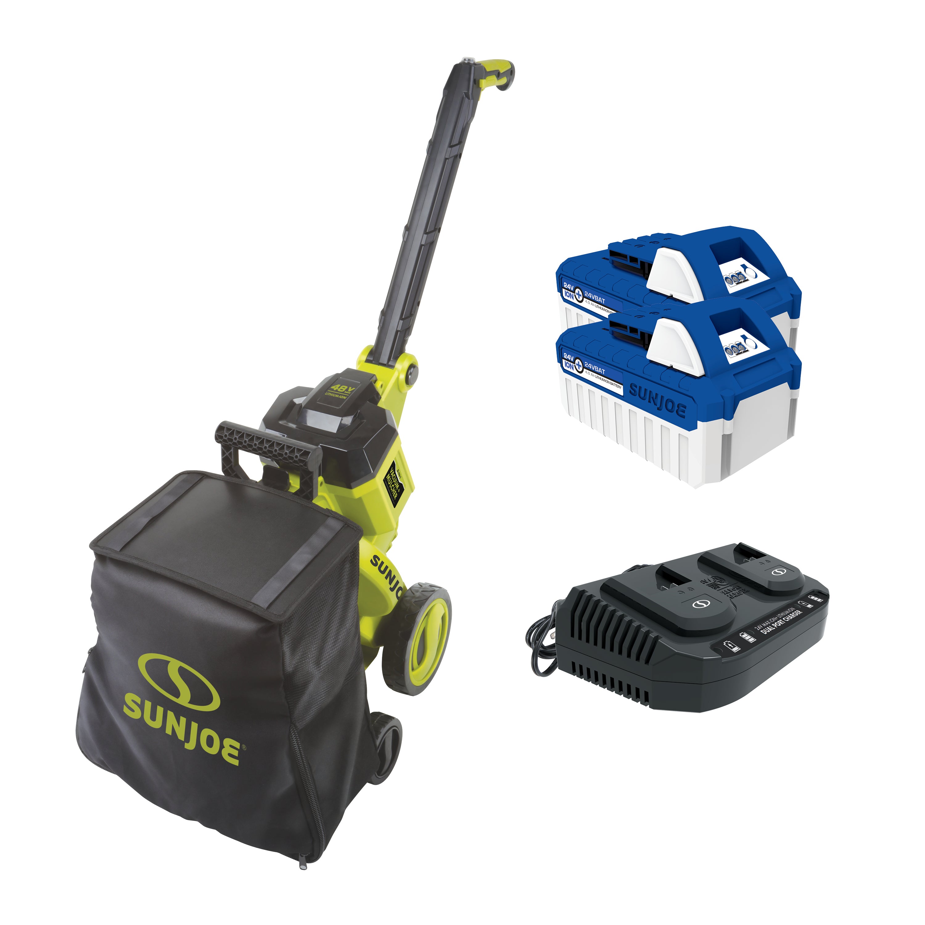 Sun Joe 48-volt Cordless Outdoor Garden Vacuum/Mulcher Kit with two 4.0-Ah lithium-ion batteries and dual-port quick charger.