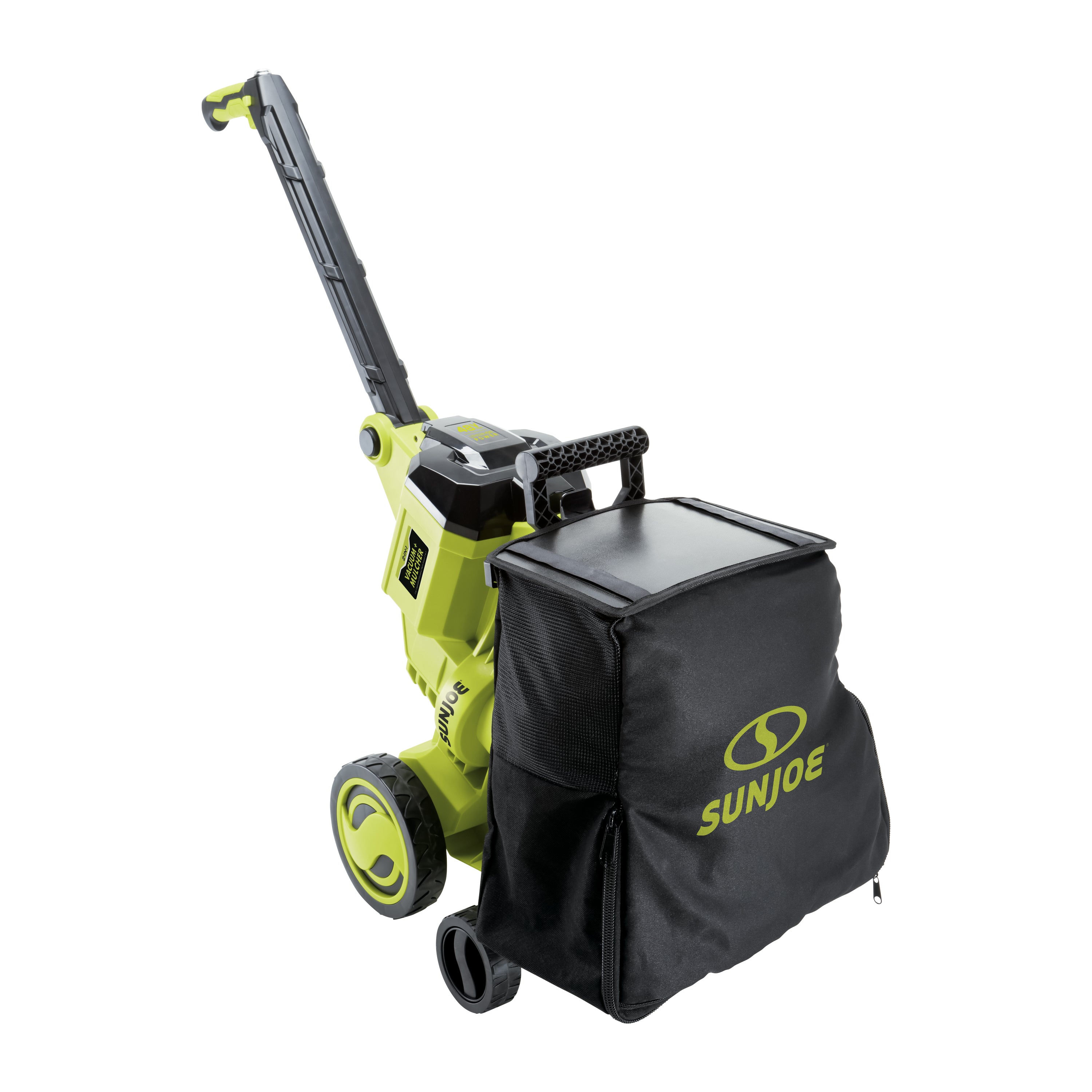 Angled view of the Sun Joe 48-volt Cordless Outdoor Garden Vacuum/Mulcher Kit.