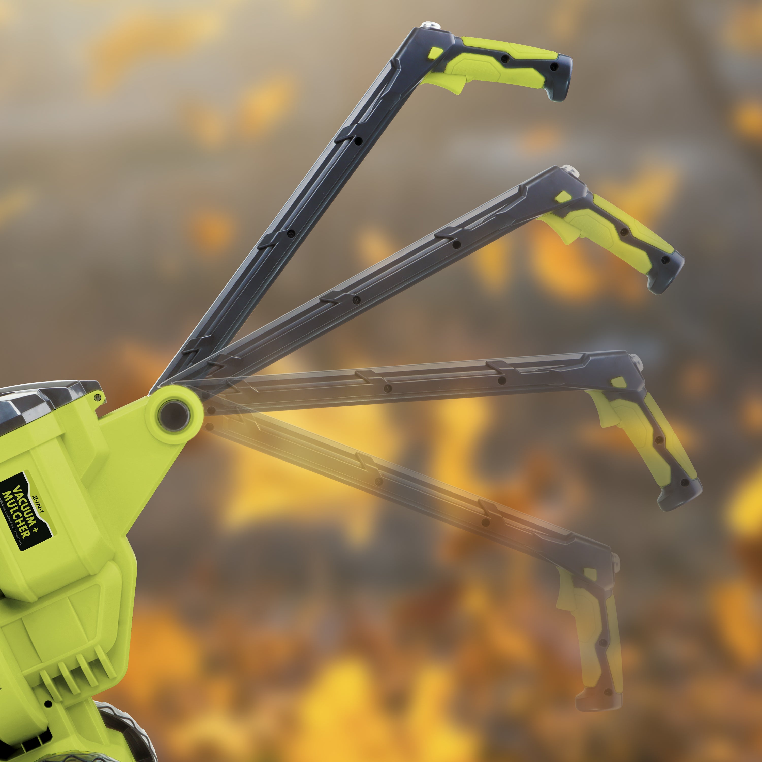 Motion blur showing the adjustable handle on the Sun Joe 48-volt Cordless Outdoor Garden Vacuum/Mulcher Kit.