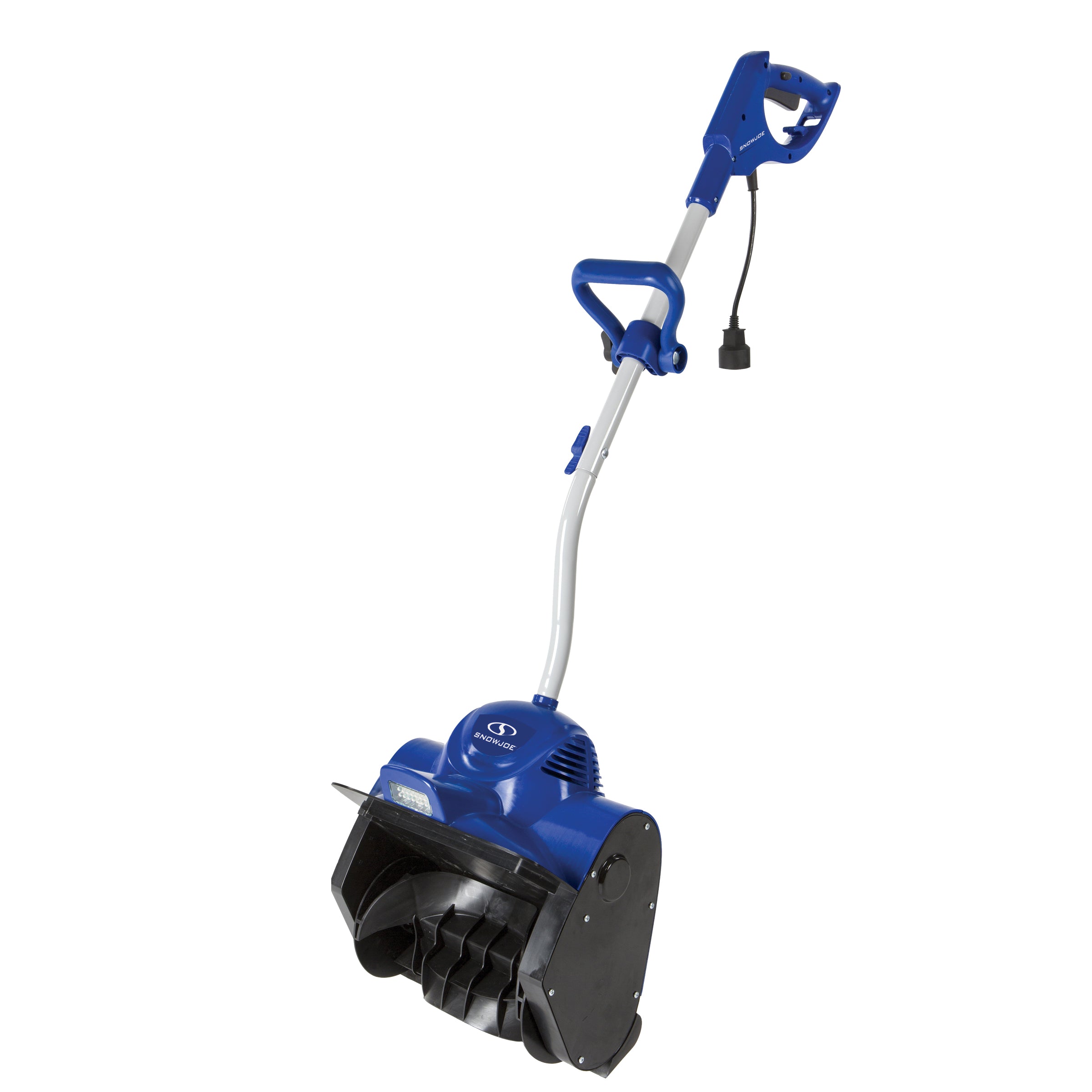 Right-angled view of the Snow Joe 10-amp 11-inch electric snow shovel with headlight.