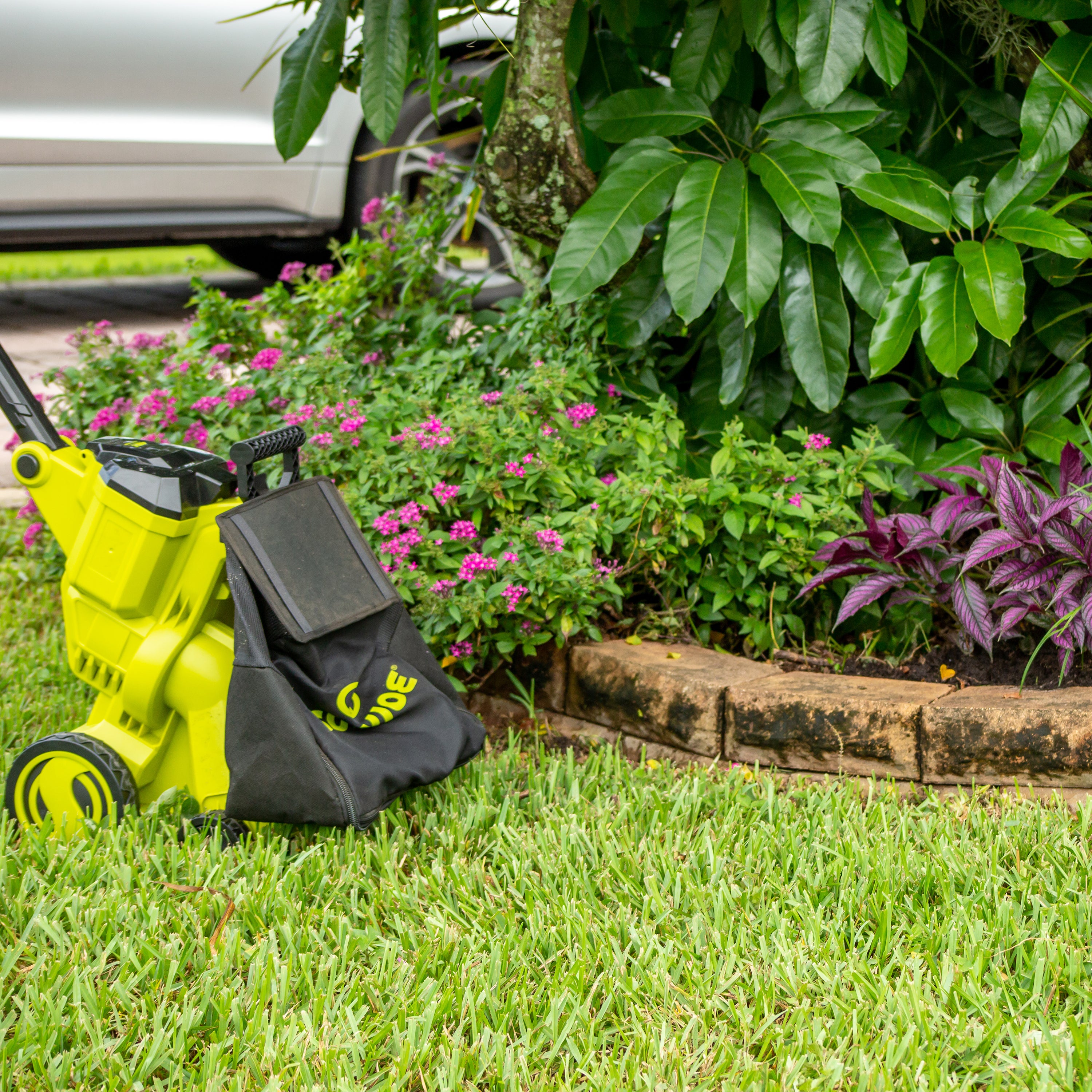 Sun Joe 48-volt Cordless Outdoor Garden Vacuum/Mulcher Kit standing in grass next to a small garden.