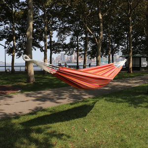 Bliss Hammocks 40-inch Wide Toasted Almond Stripe Hammock in a Bag hanging between two trees in a park.