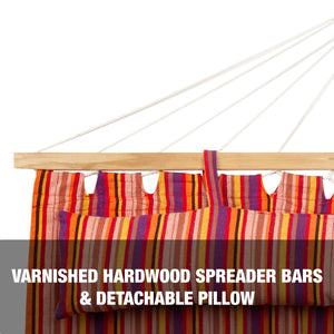 Varnished hardwood spreader bars and detachable pillow.