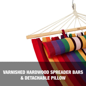 Varnished hardwood spreader bars and detachable pillow.