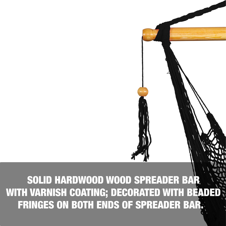 Solid hardwood spreader bar with varnish coating, decorated with beaded fringes on both sides of the bar.