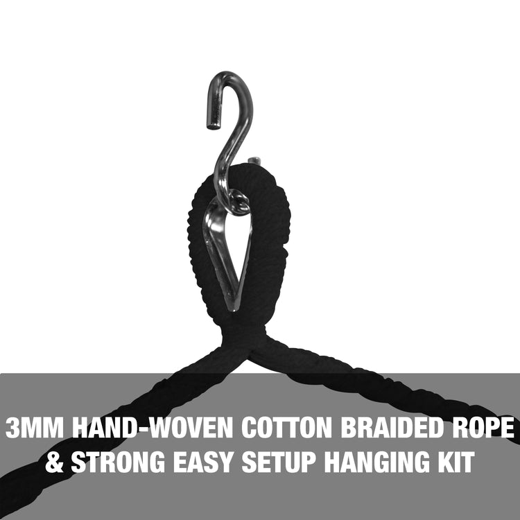 3mm hand-woven cotton braided rope and strong, easy setup hanging kit.