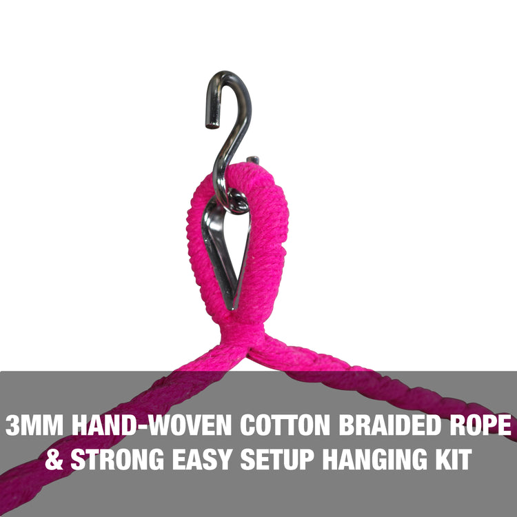 3mm hand-woven cotton braided rope and strong, easy setup hanging kit.