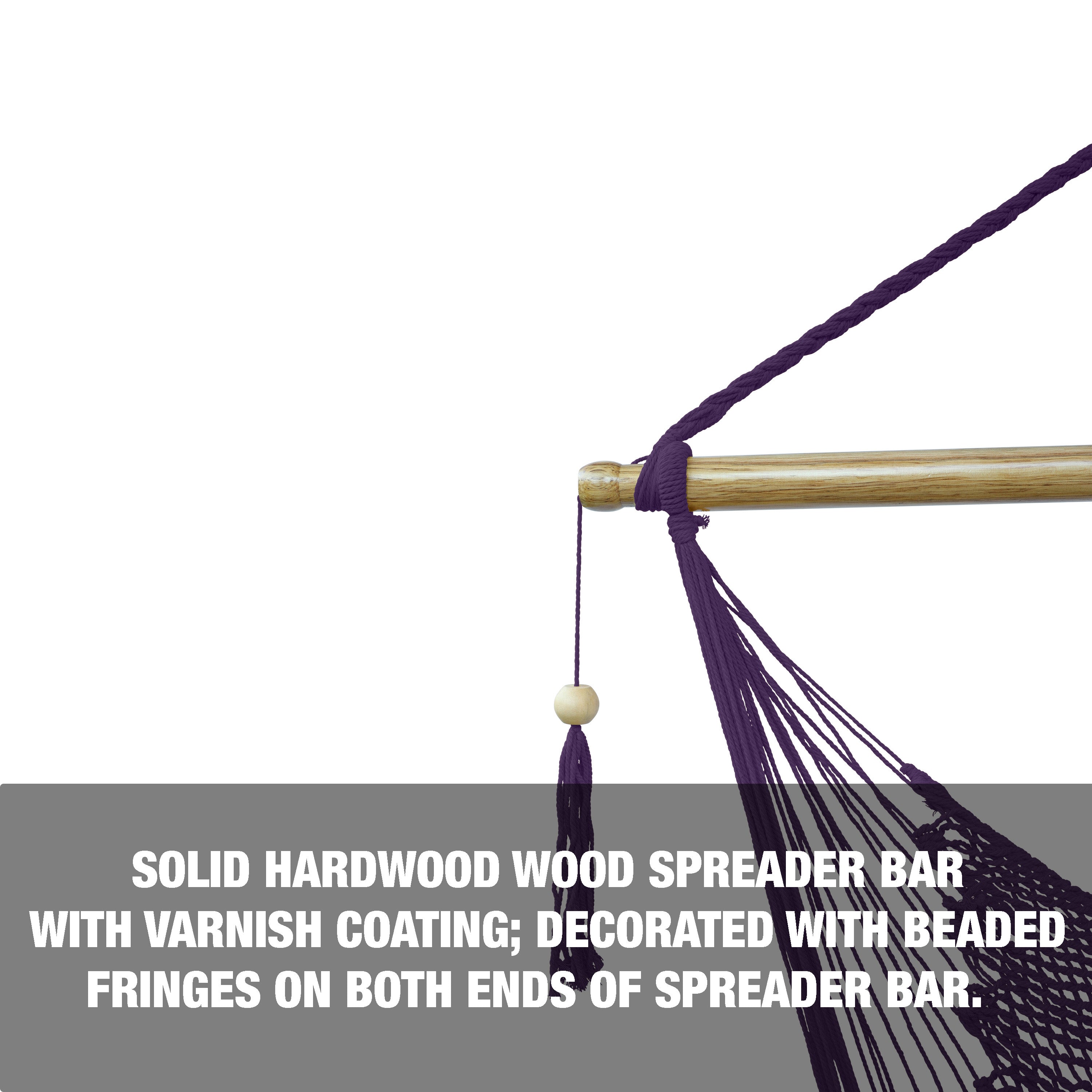 Solid hardwood spreader bar with varnish coating, decorated with beaded fringes on both sides of the bar.