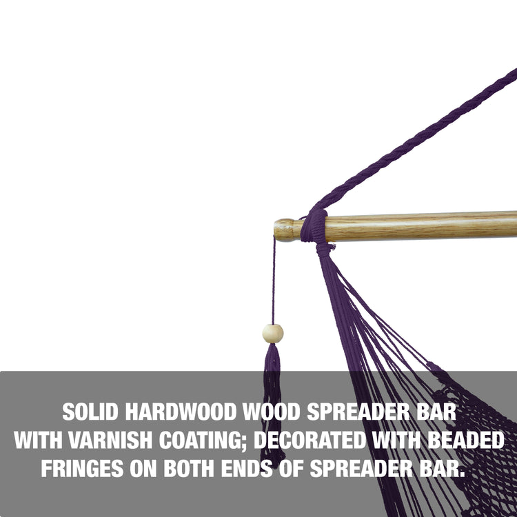 Solid hardwood spreader bar with varnish coating, decorated with beaded fringes on both sides of the bar.
