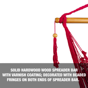 Solid hardwood spreader bar with varnish coating, decorated with beaded fringes on both sides of the bar.