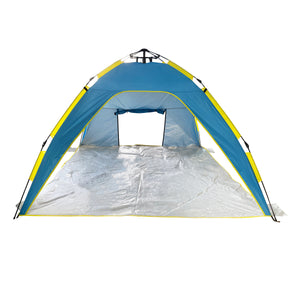 Front view of the beach tent with the back flap window open.
