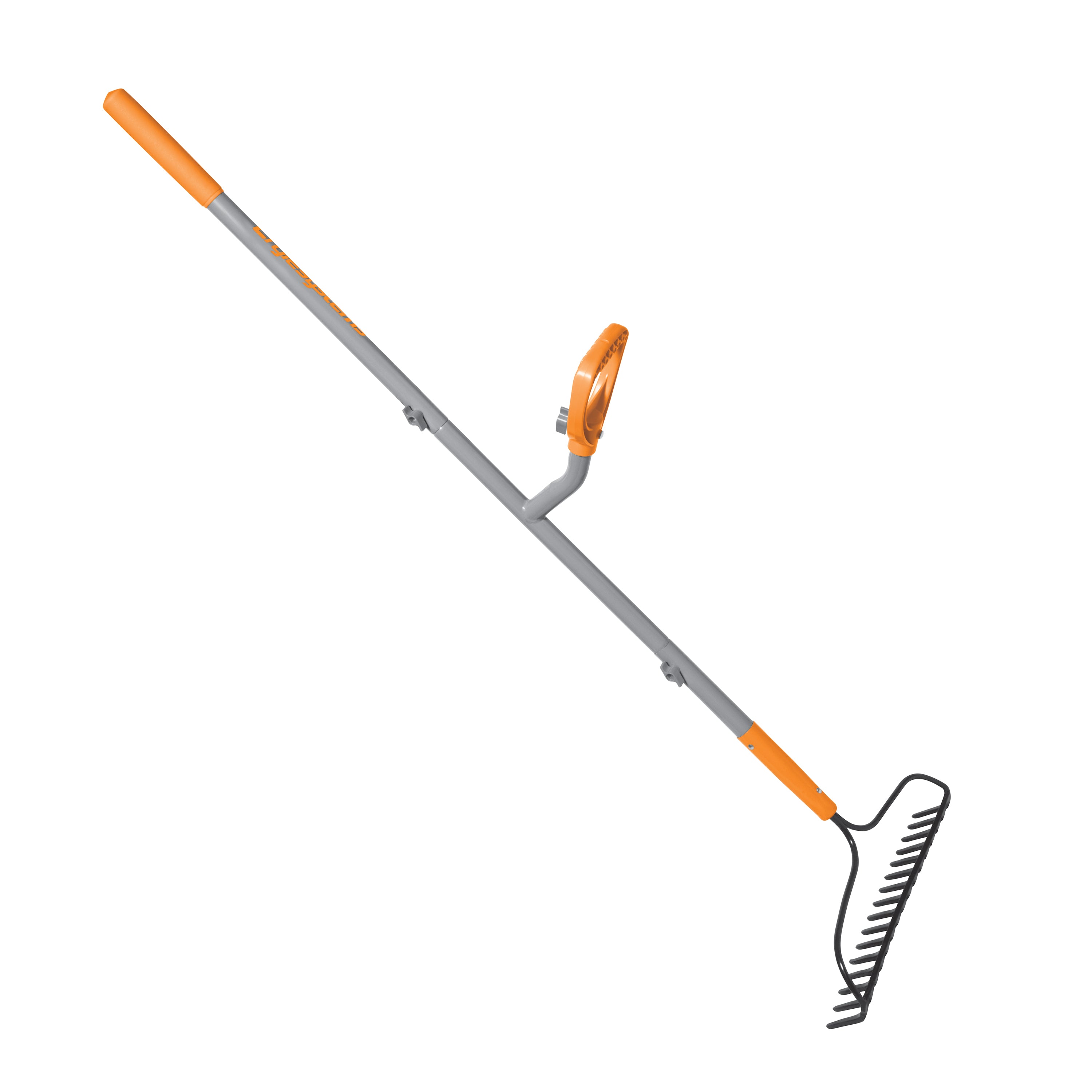 Right-side view of the ErgieSystems 55-inch Steel Shaft Strain Reducing Bow Rake with 16 tines.