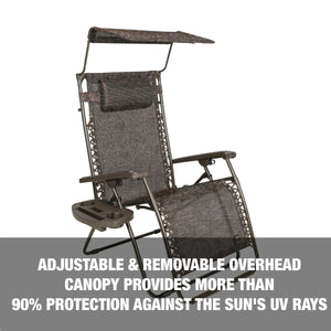 Adjustable and removable overhead canopy provides more than 90 percent protection against the sun's UV rays.
