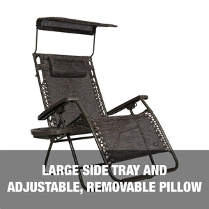 Large side tray and adjustable, removable pillow.