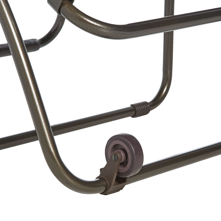 Close-up of the wheel attached to the bottom of the frame on the gravity free chair.