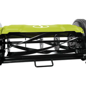 Close-up of the blades on the Sun Joe 20-inch Manual Reel Mower with Grass Catcher.