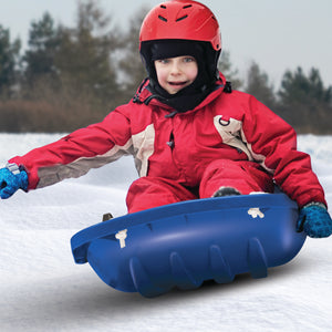 Kid riding in the Snow Joe blue-colored kids snow sled.