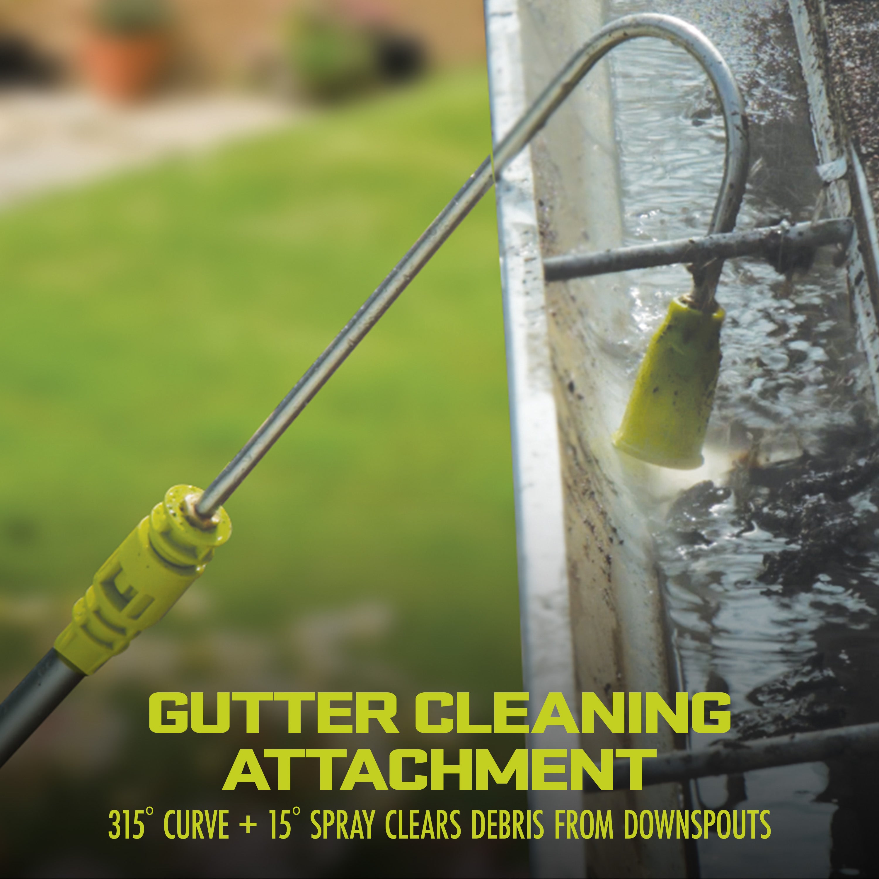 Gutter cleaning attachment of Sun Joe Home cleaning system removing debris from gutter