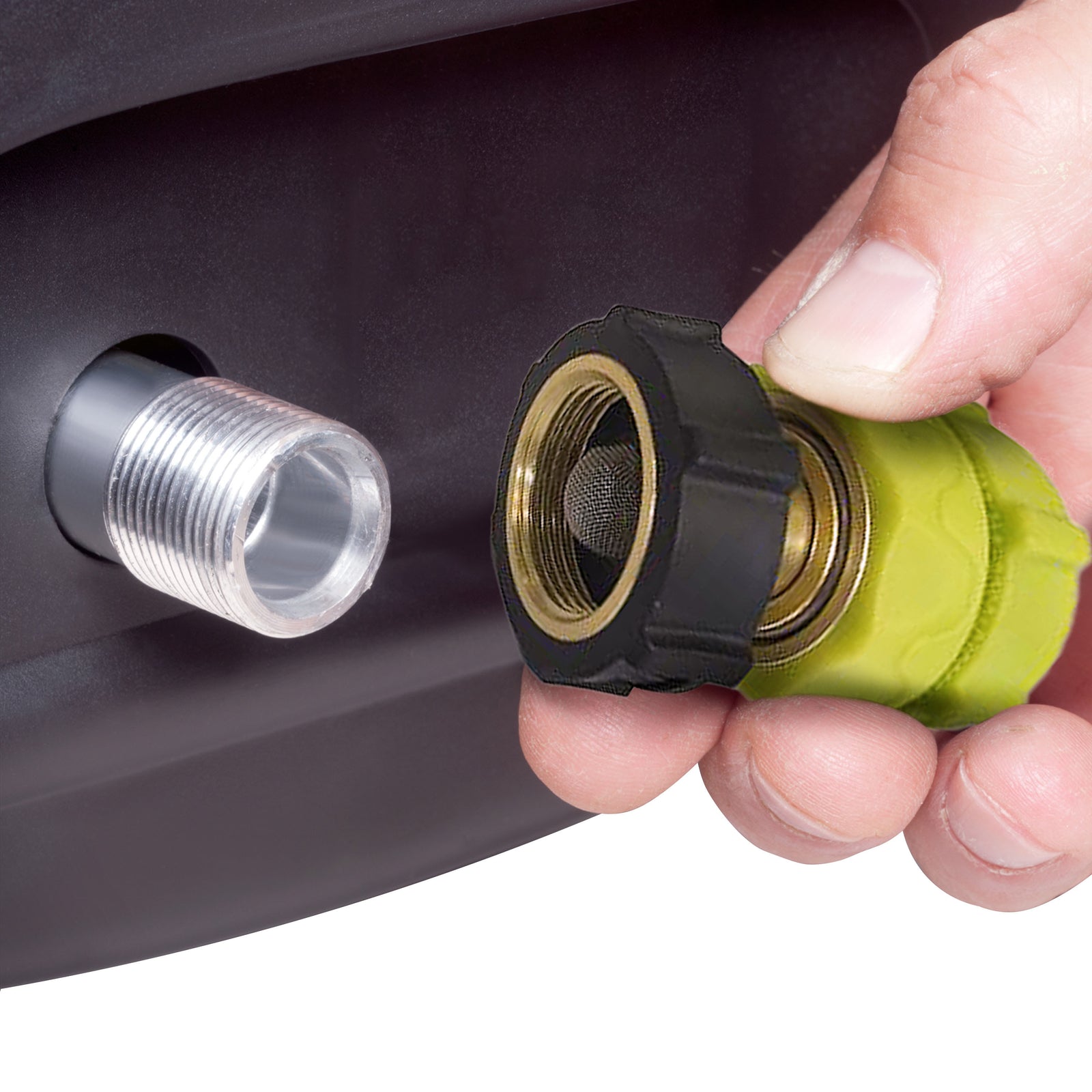 Sun Joe Universal Brass / Aluminum Pressure washer quick connect kit being installed onto pressure washer