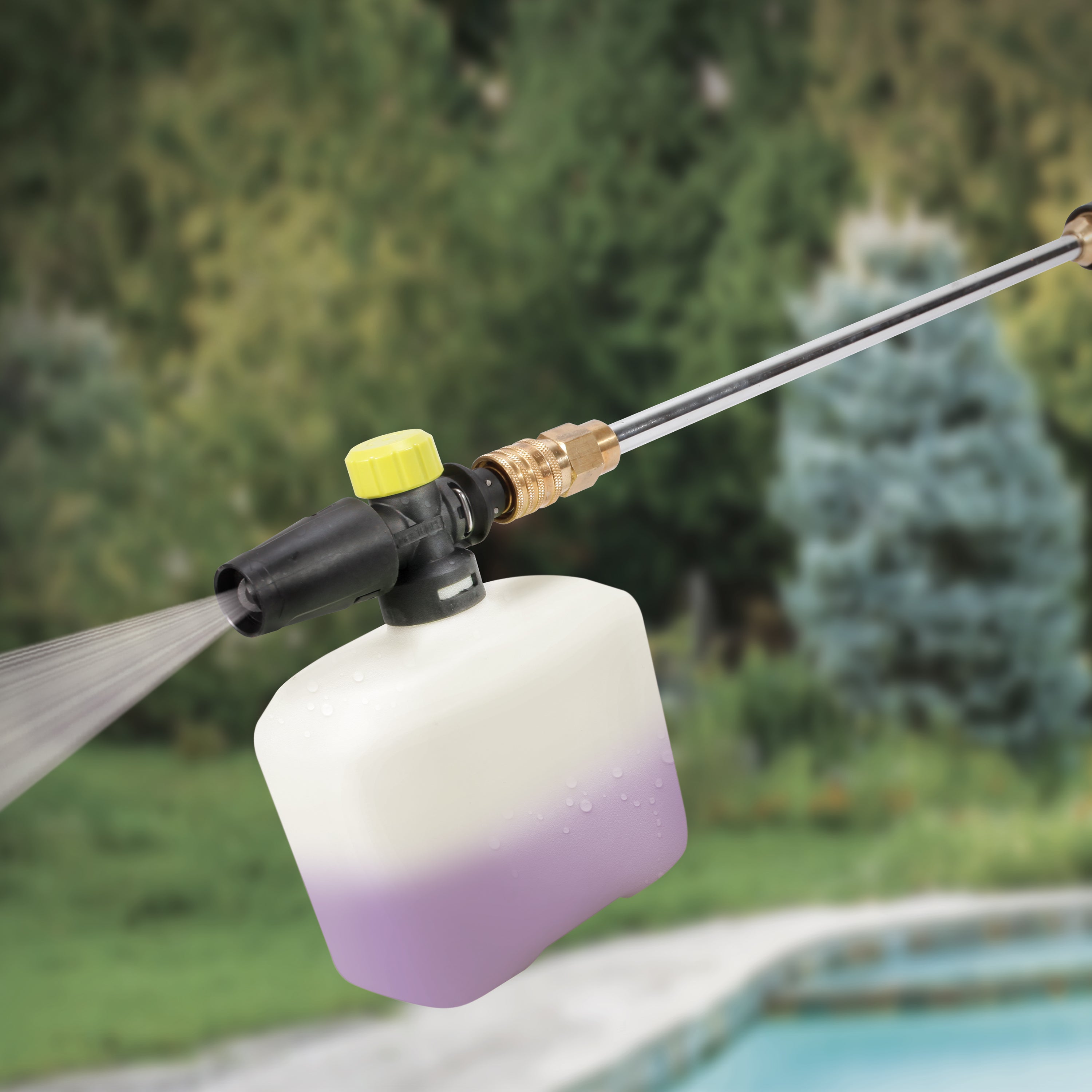 Spray wand with the foam cannon attachment for the Sun Joe 13-amp 2050 PSI Electric Pressure Washer.