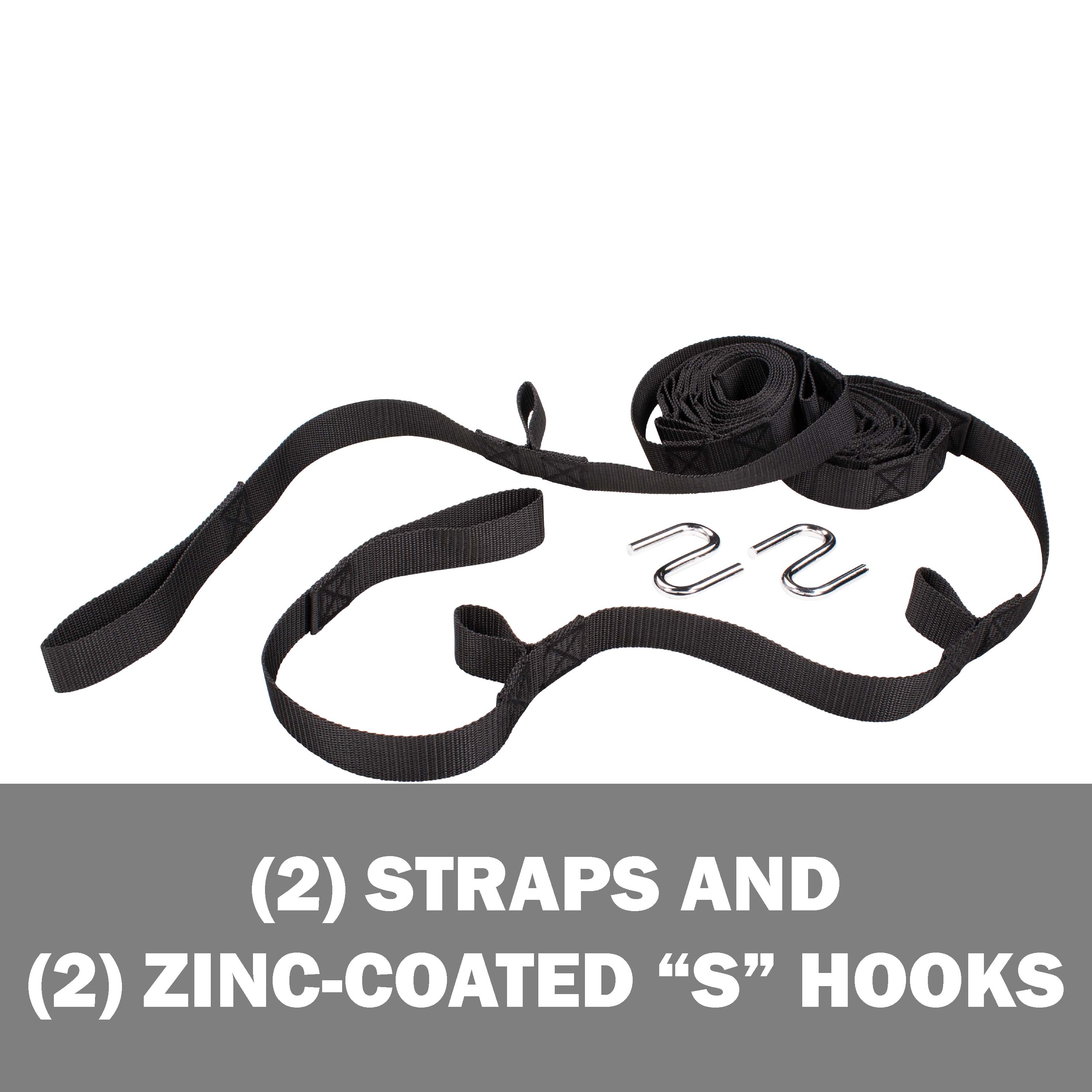 2 straps and 2 zinc-coated S-hooks.