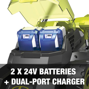 Two 24-volt 4.0-Ah lithium-ion batteries and dual port quick charger.