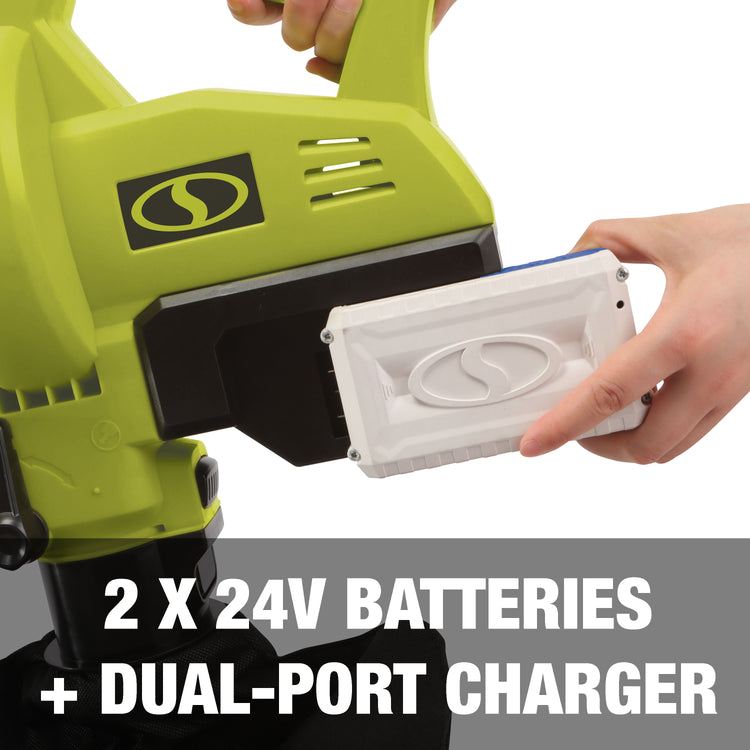 Two 24-volt lithium-ion batteries and dual-port charger.