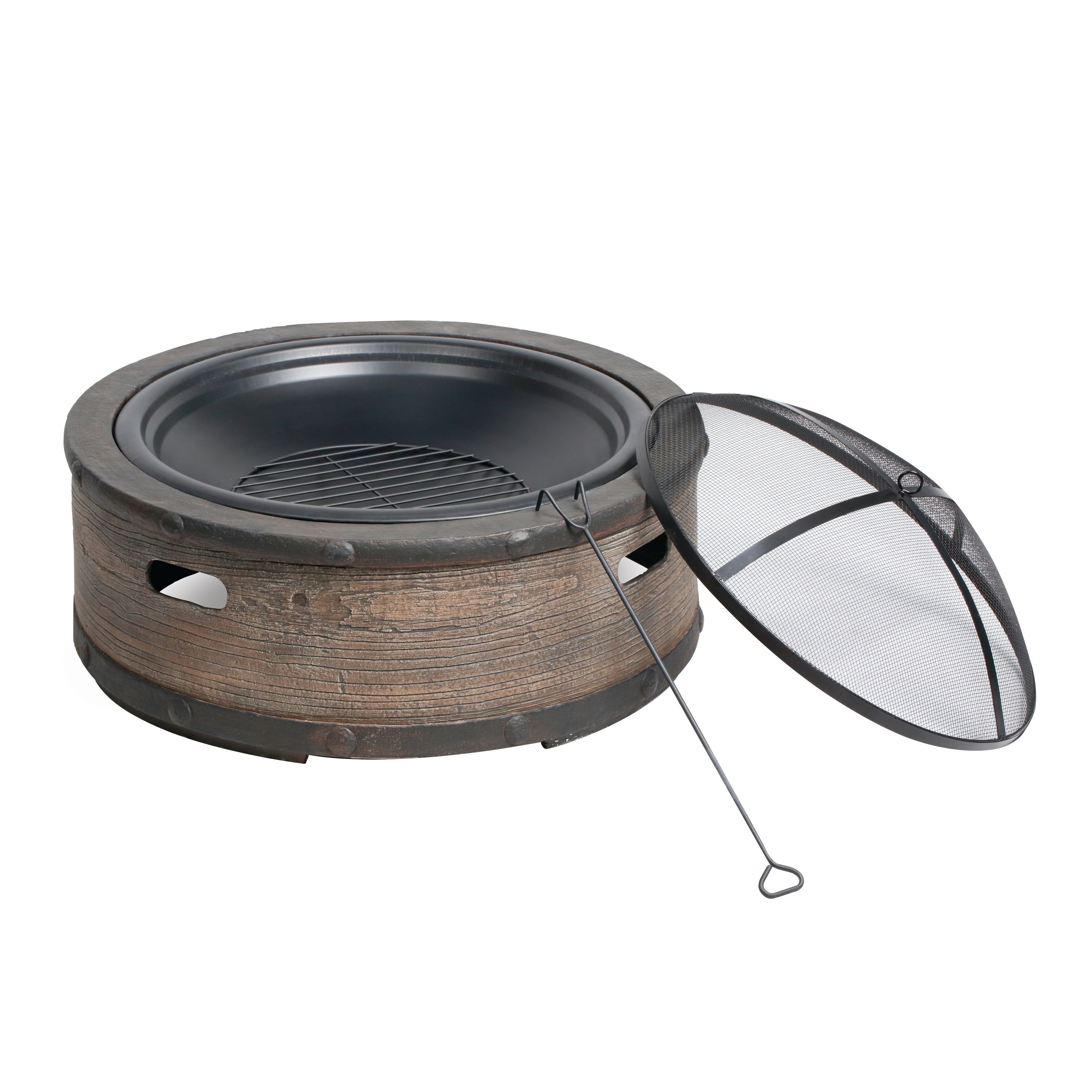 Sun Joe SJFP35-STN-BRL 35-in. Cast Stone Base, Wood Burning Fire Pit w/Dome Screen and Poker, Rustic Barrel