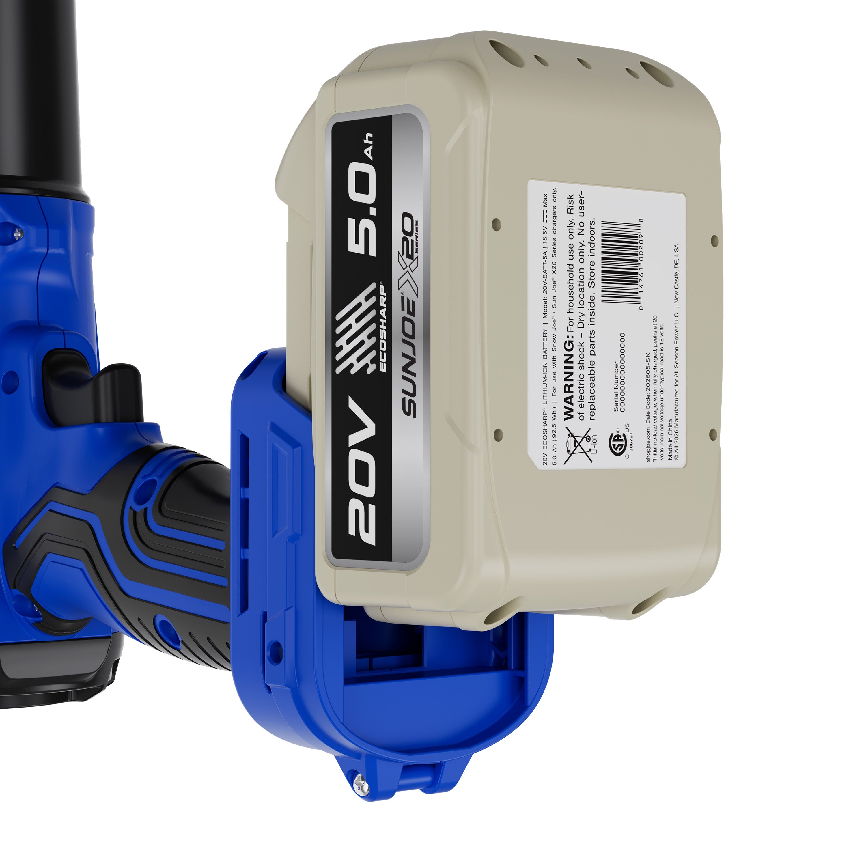 Sun Joe X20-Series 20-Volt* 5000-mAh (5-Amp hour) Lithium-ION Battery | For Use with Universal ECOSHARP® Devices | w/LED Indicator