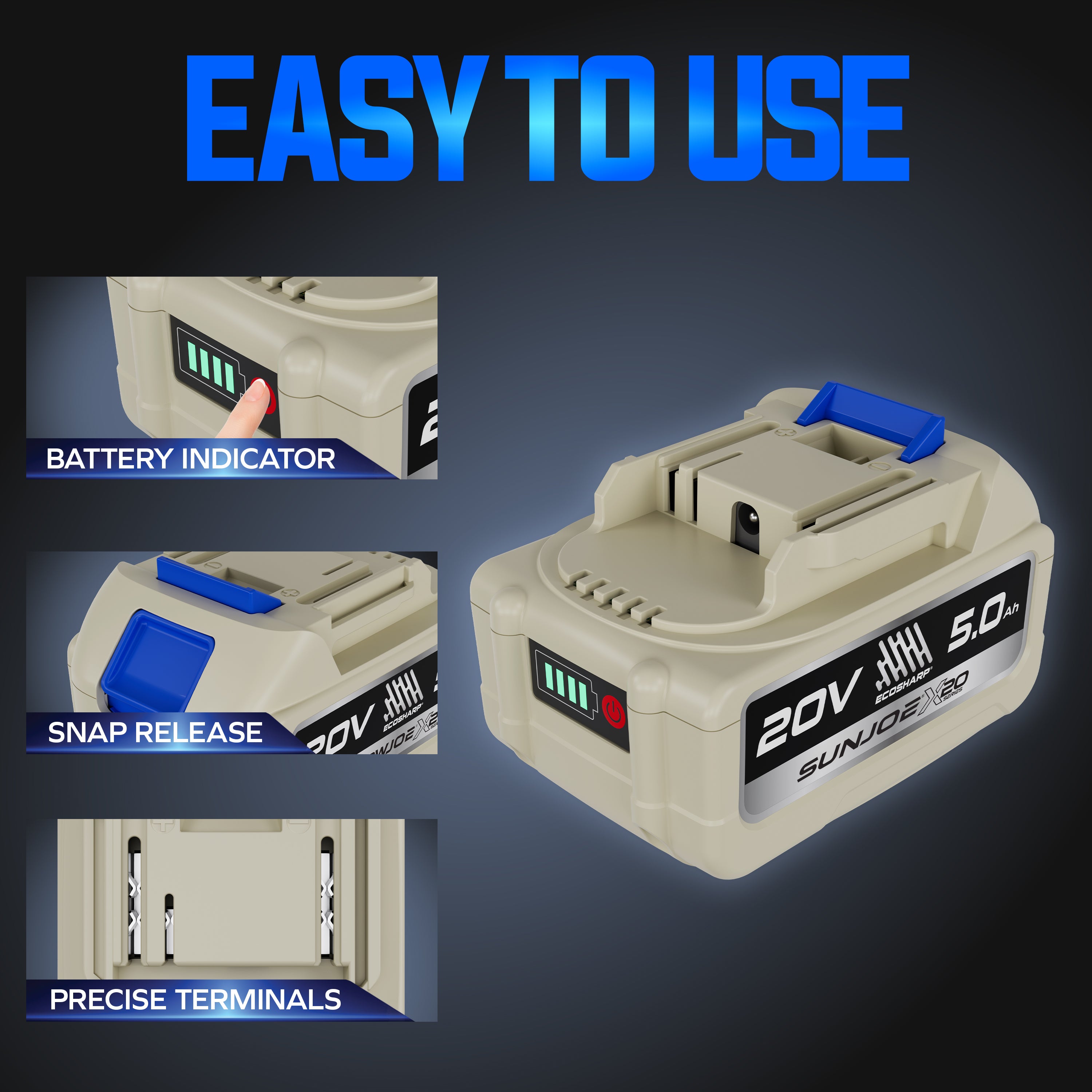 Sun Joe X20-Series 20-Volt* 5000-mAh (5-Amp hour) Lithium-ION Battery | For Use with Universal ECOSHARP® Devices | w/LED Indicator