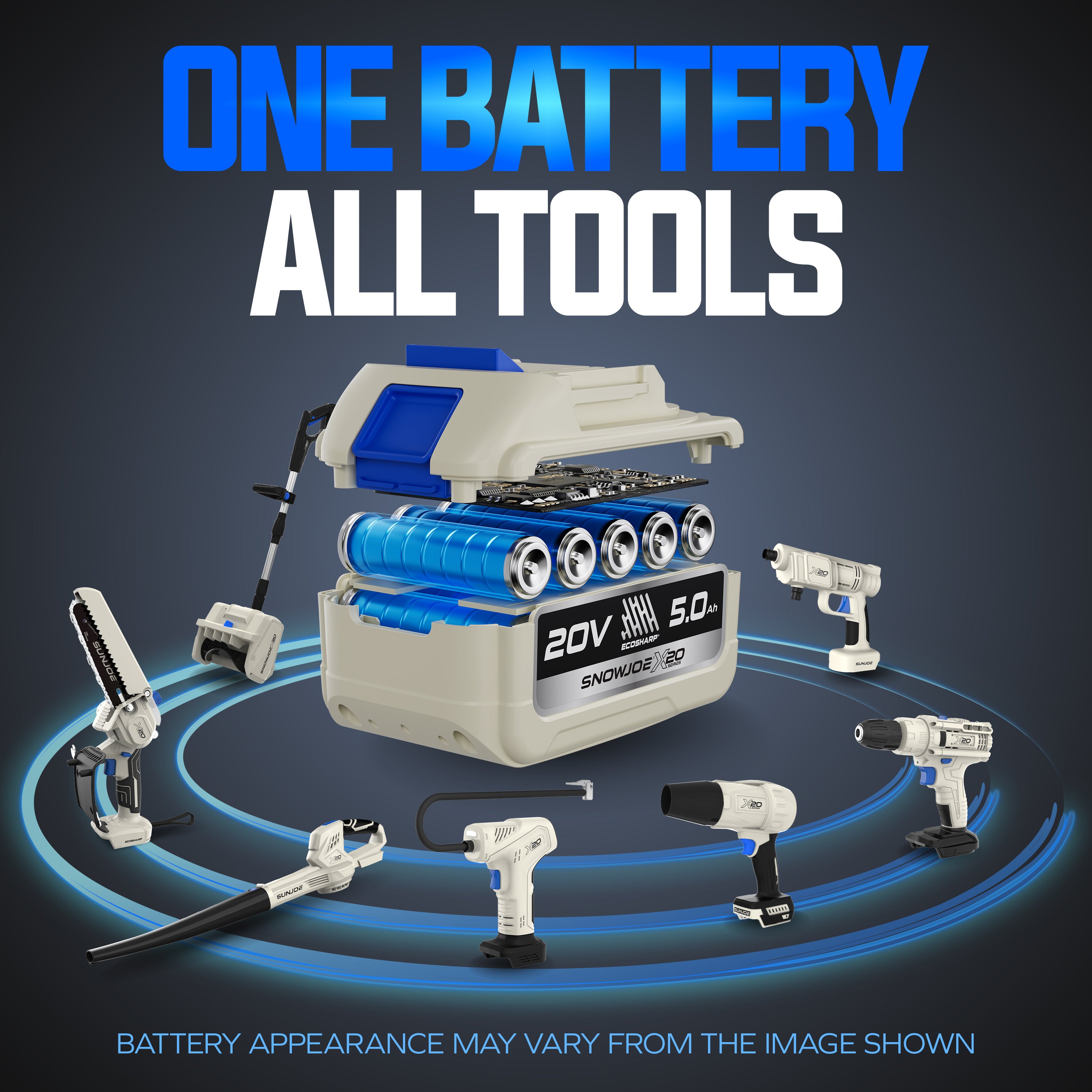 Sun Joe X20-Series 20-Volt* 5000-mAh (5-Amp hour) Lithium-ION Battery | For Use with Universal ECOSHARP® Devices | w/LED Indicator