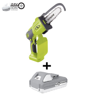 Sun Joe 24-Volt Handheld Chainsaw with a 5-inch chain and a Snow Joe 24-Volt lithium iON+ 2.0-Ah Battery.