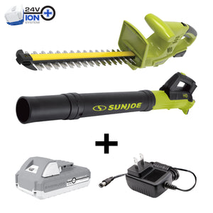 Sun Joe 24-volt cordless turbine leaf blower and 18-inch hedge trimmer plus a 2.0-Ah lithium-ion battery and charger.