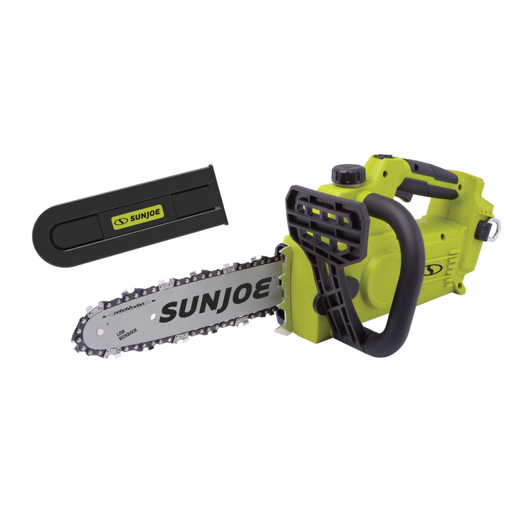 Sun Joe 24-Volt Cordless 10-inch chainsaw with blade sheath.