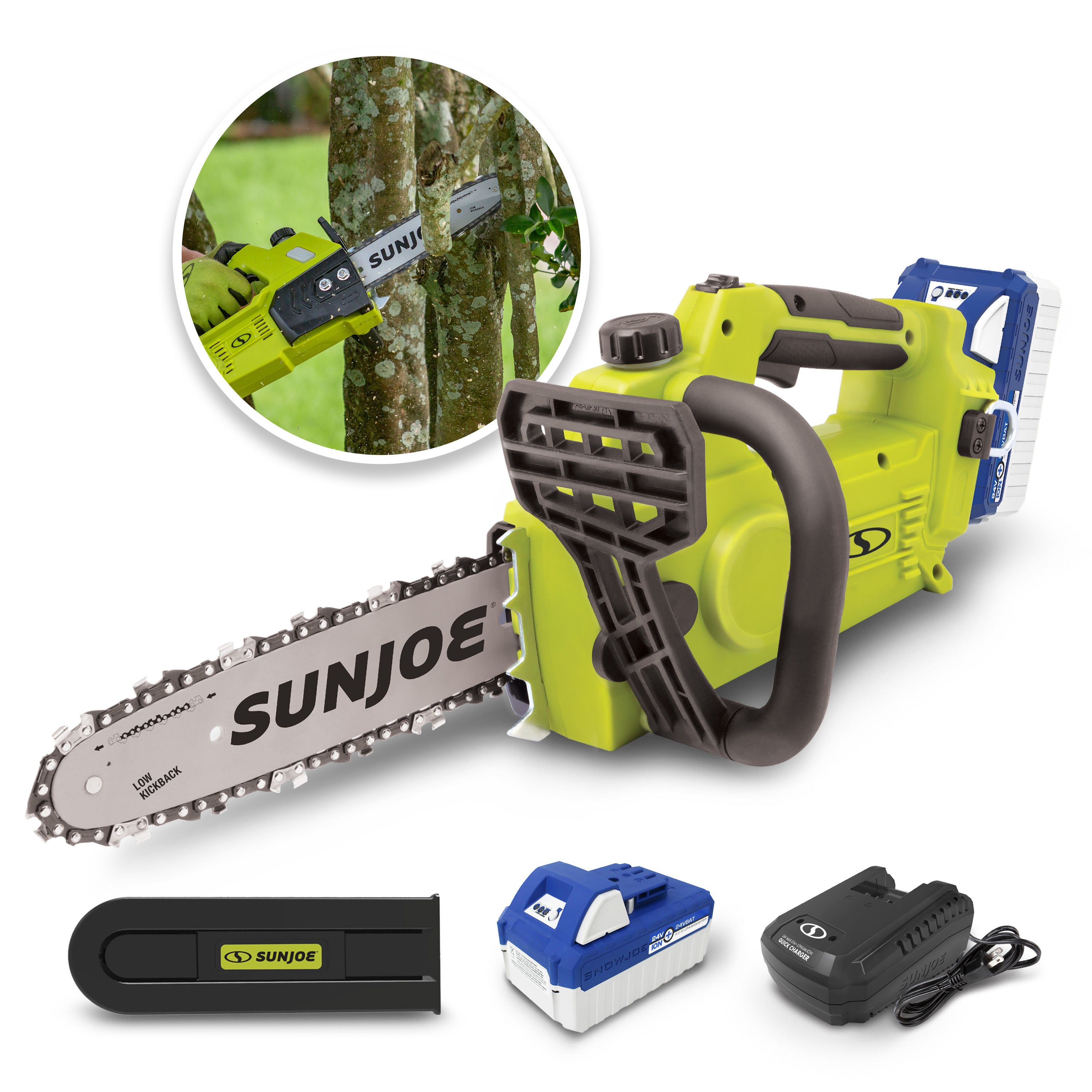 Sun Joe 24-Volt* IONMAX Cordless Self-Oiling Chain Saw Kit | 10-inch | Tool-Less Bar/Chain Tension | W/ 4.0-Ah Battery + Charger (Green)