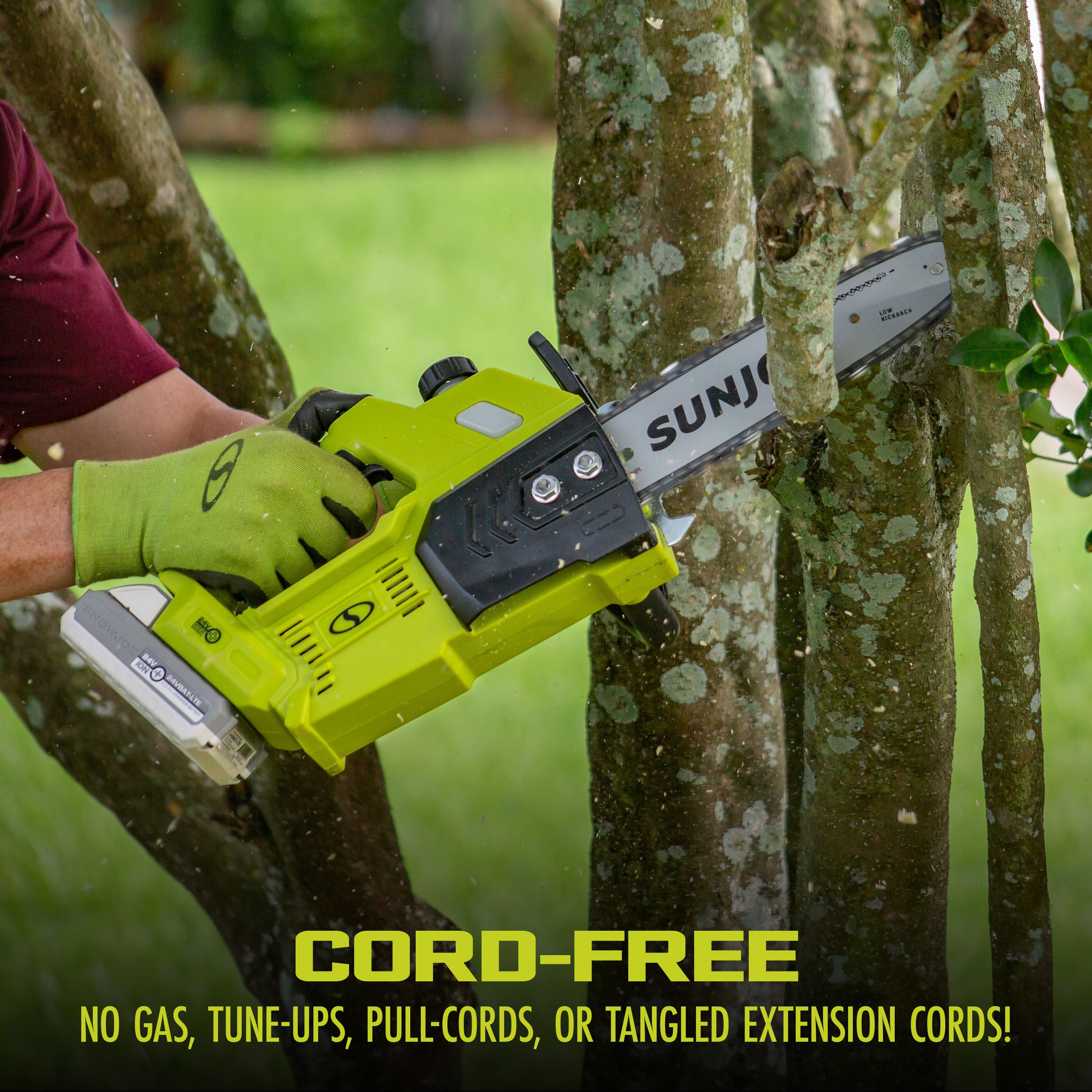 Sun Joe 24-Volt* IONMAX Cordless Self-Oiling Chain Saw Kit | 10-inch | Tool-Less Bar/Chain Tension | W/ 4.0-Ah Battery + Charger (Green)