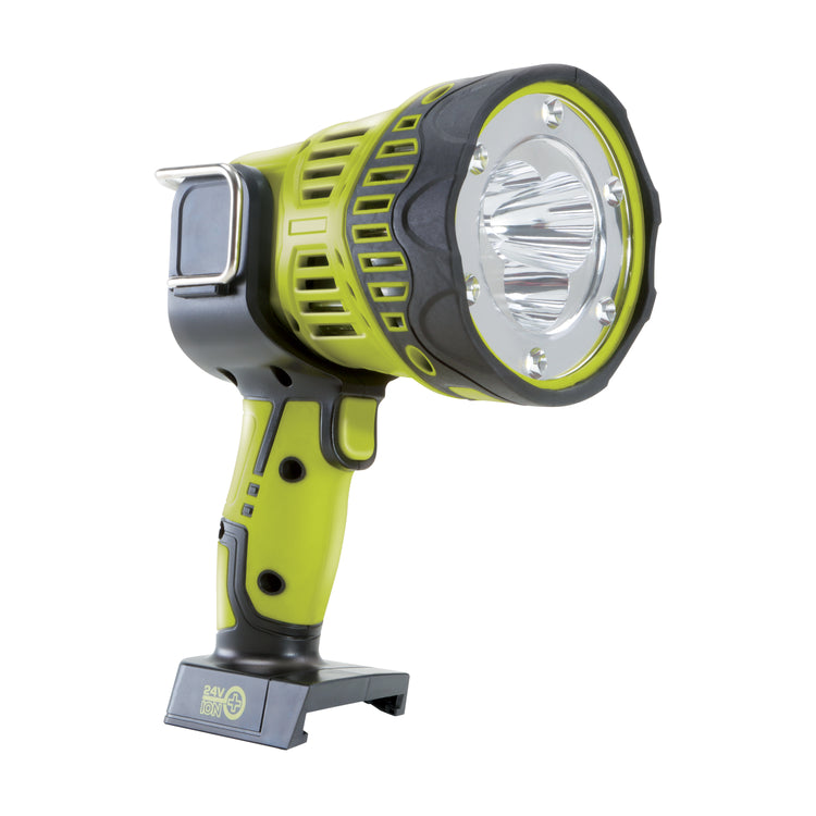 Angled view of the Sun Joe 24-Volt Cordless Flashlight/Flood Light/Spot Light.