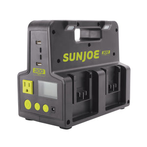 Angled view of the Sun Joe 24-Volt Cordless Hot-Swap Powered Inverter Generator Power Station.