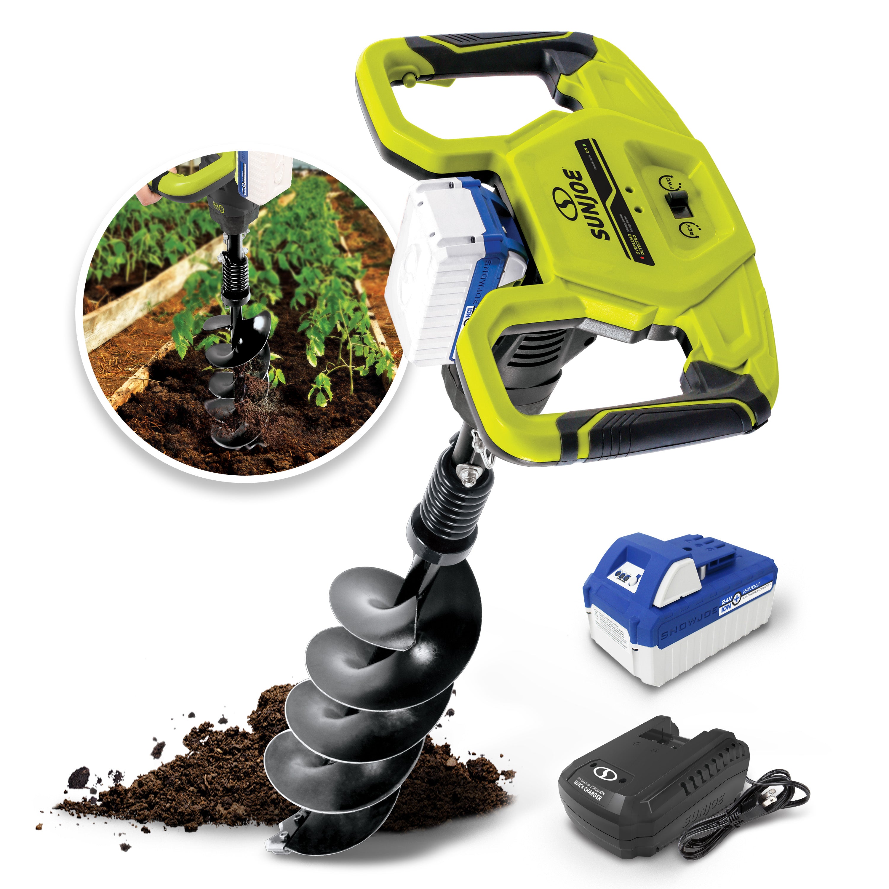 Sun Joe 24V-AGR100 24-Volt* IONMAX Cordless Earth Auger | 30" Drilling Depth | W/ 4.0-Ah Battery + Quick Charger